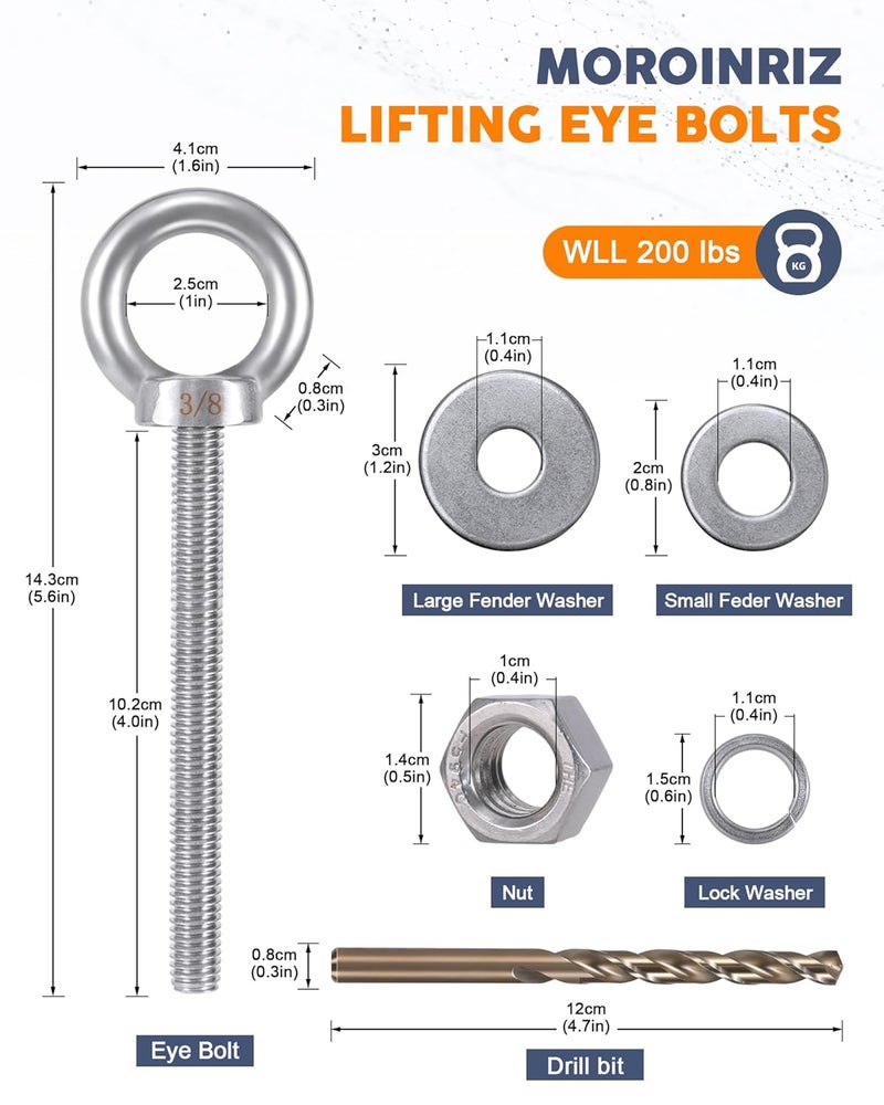 moroinriz Eye Bolt with Nuts 3/8'' x 4'' (4 Pack), Imperial, Heavy Duty Stainless Steel 3/8-16 Long Eye Bolts, Bonus Drill Bit Included - Image 2
